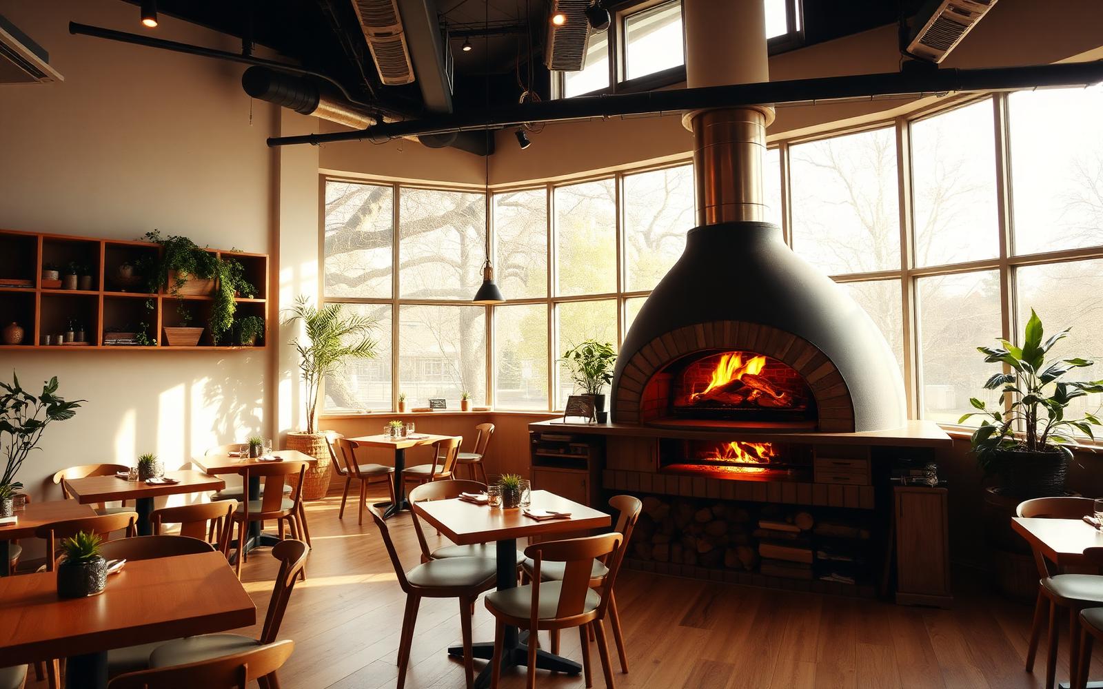 Harbor & Ember dining room with a wood-fired oven